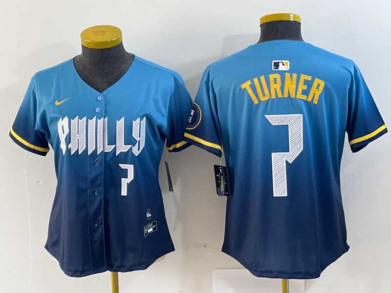 Womens Philadelphia Phillies #7 Trea Turner Number Blue 2024 City Connect Limited Stitched Jerseys->mlb womens jerseys->MLB Jersey